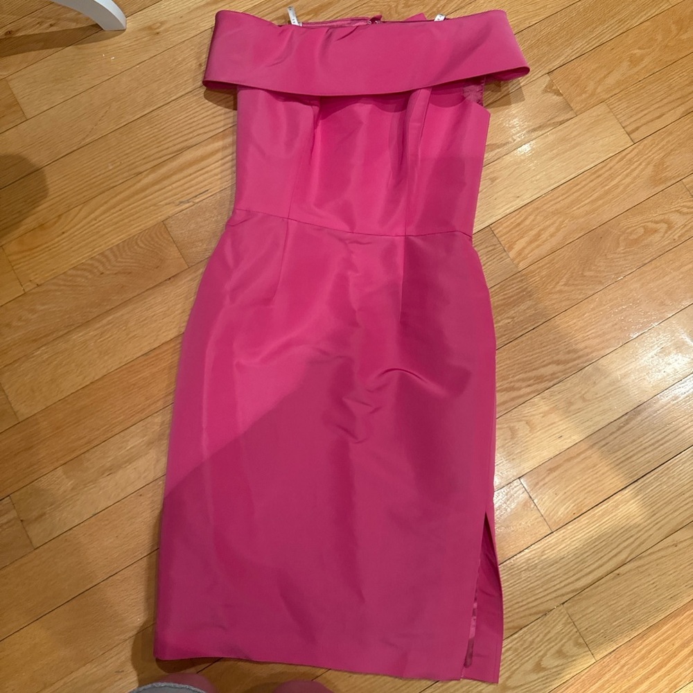 Frascara Amore Off Shoulder Fuchsia Silk Midi Dress | $1200 CAD Retail |